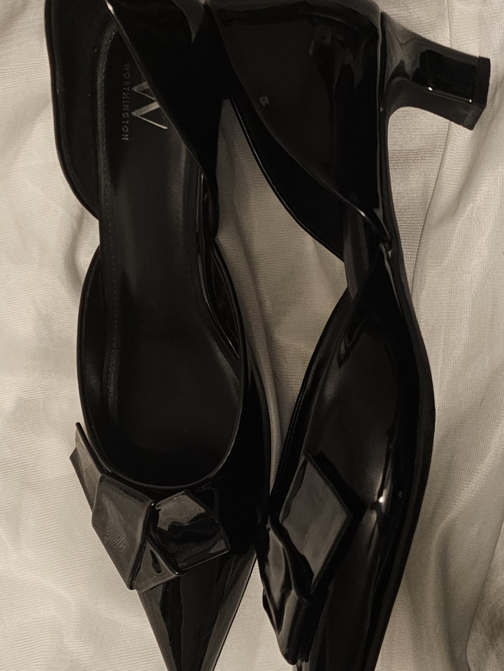 Worthington Black Patent Pointed Toe Pumps with Bow Detail